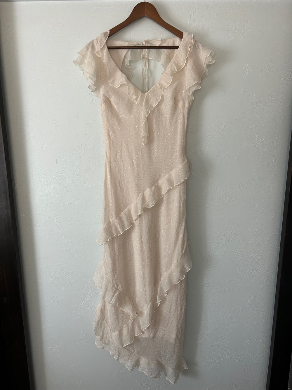 Sparkly Ruffle Tiered V-Neck Maxi Dress in Light Cream